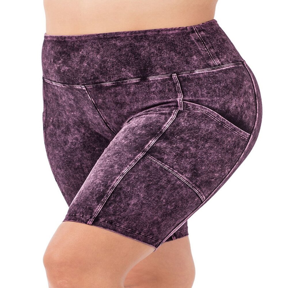 ZENANA PLUS 1X-3X MINERAL WASH WIDE WAISTBAND BIKE SHORTS W/POCKETS BLACKBERRY
